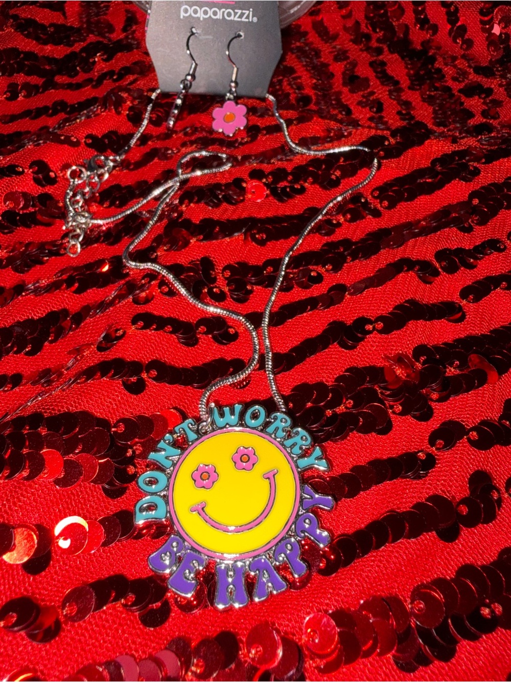 paparazzi Pink, Yellow & Purple 'Don't Worry Be Happy' Smile Necklace